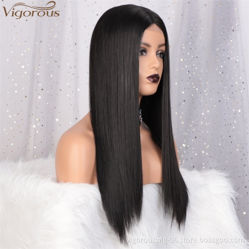 Vigorous High Temperature Top Quality  Long Silky Straight Black Wigs Middle Part Lace Wigs For White Women Wholesale